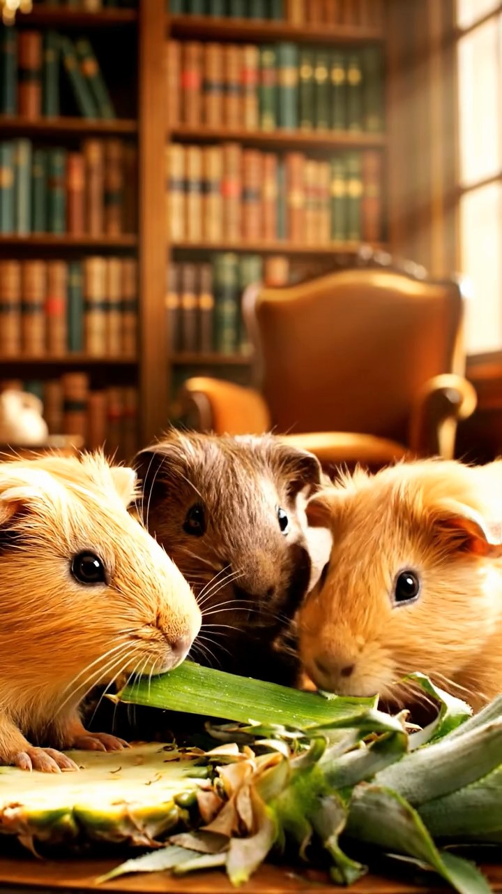 1980. Highly detailed view of 4 smooth-haired Skinny guinea pigs in fawn, chocolate, and cinnamon colors, nibbling on pineapple leaves, in a library special room.