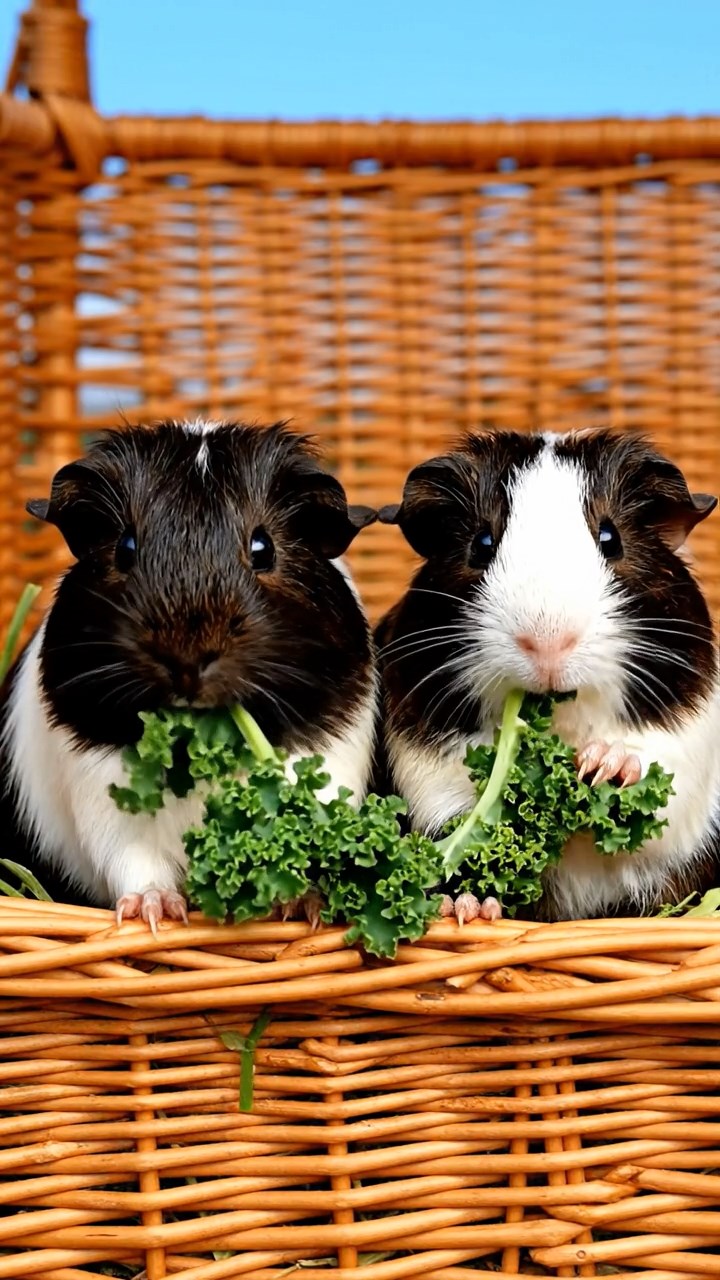 1981. Photorealistic photo of 2 smooth-haired American guinea pigs with sable and white fur, chewing on kale bunches, inside a balloon flight basket.