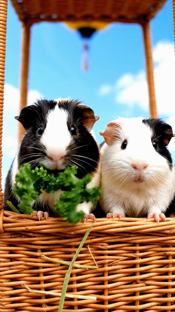 1981. Photorealistic photo of 2 smooth-haired American guinea pigs with sable and white fur, chewing on kale bunches, inside a balloon flight basket.
