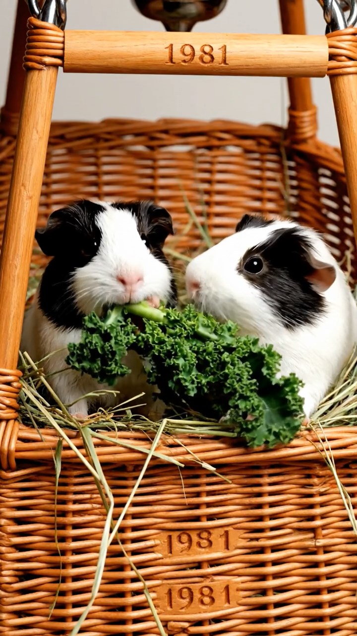 1981. Photorealistic photo of 2 smooth-haired American guinea pigs with sable and white fur, chewing on kale bunches, inside a balloon flight basket.