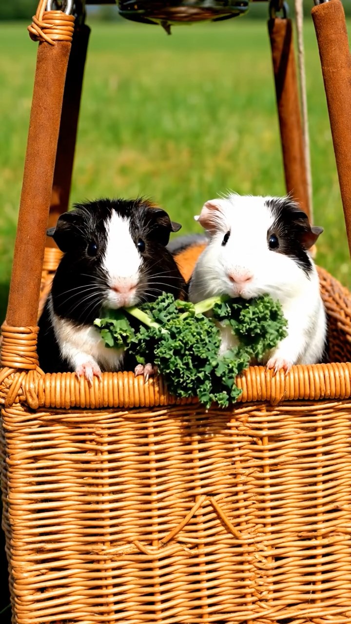 1981. Photorealistic photo of 2 smooth-haired American guinea pigs with sable and white fur, chewing on kale bunches, inside a balloon flight basket.