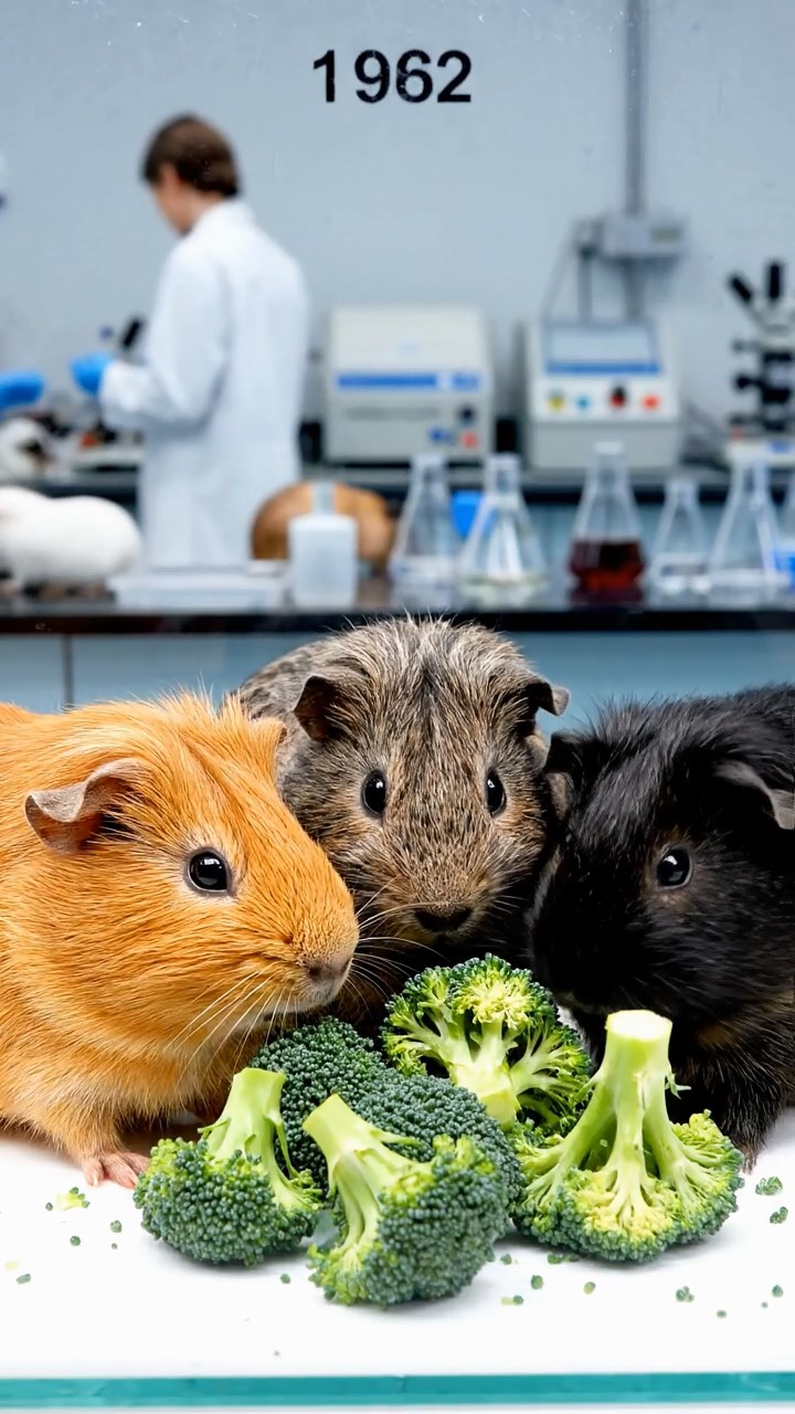 1982. Realistic depiction of 3 smooth-haired Abyssinian guinea pigs featuring orange, gray, and black coats, sharing broccoli heads, through a lab sea window.