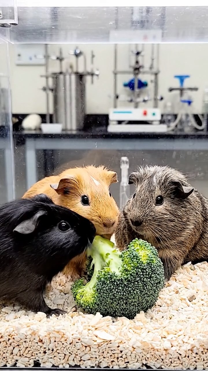 1982. Realistic depiction of 3 smooth-haired Abyssinian guinea pigs featuring orange, gray, and black coats, sharing broccoli heads, through a lab sea window.