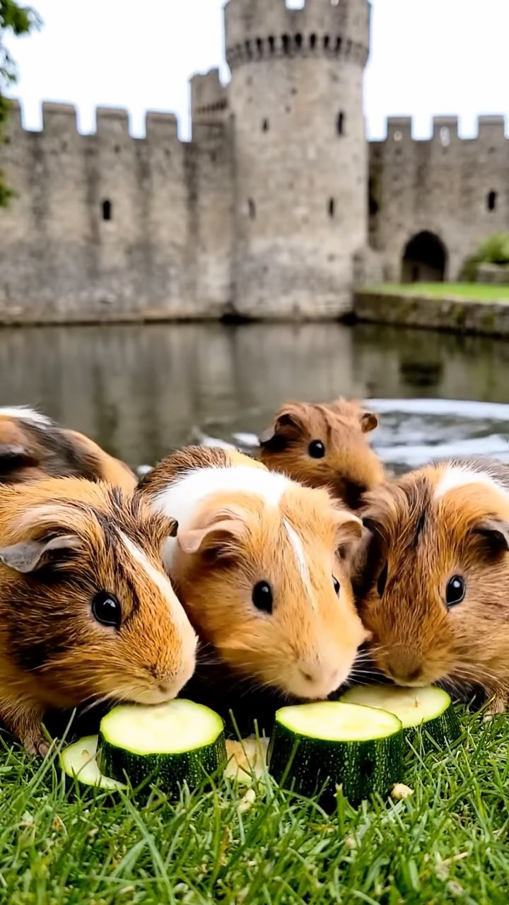 1983. Detailed image of 5 smooth-haired Peruvian guinea pigs with brown, cream, and fawn fur, munching on zucchini slices, by a castle water edge.