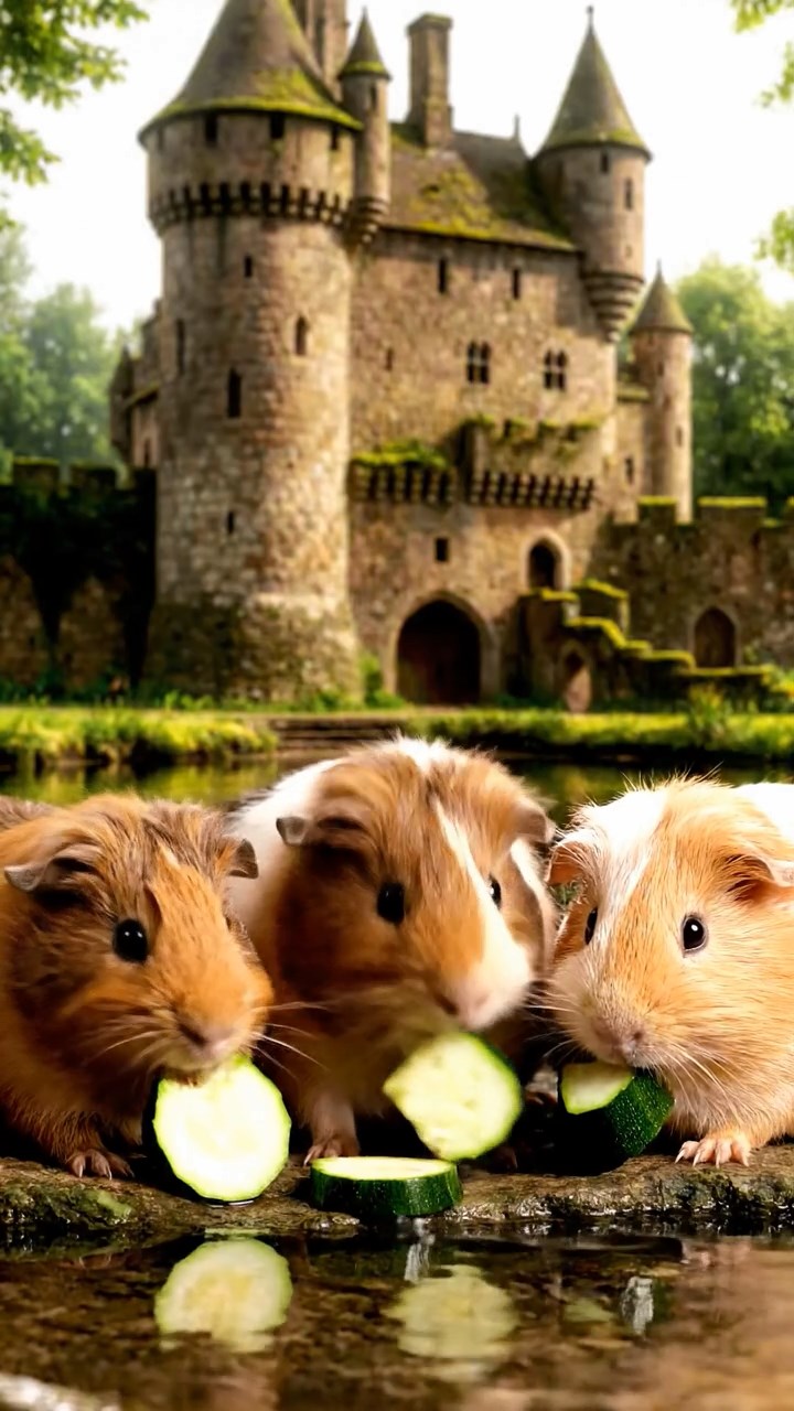 1983. Detailed image of 5 smooth-haired Peruvian guinea pigs with brown, cream, and fawn fur, munching on zucchini slices, by a castle water edge.