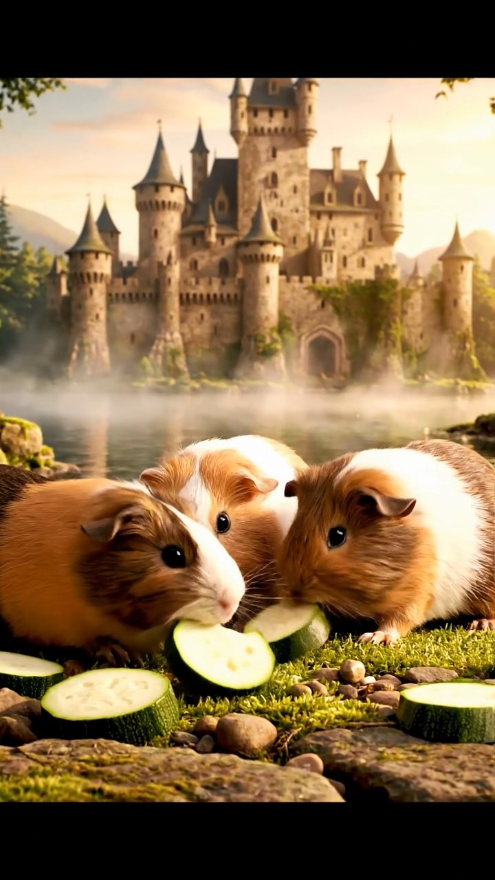 1983. Detailed image of 5 smooth-haired Peruvian guinea pigs with brown, cream, and fawn fur, munching on zucchini slices, by a castle water edge.
