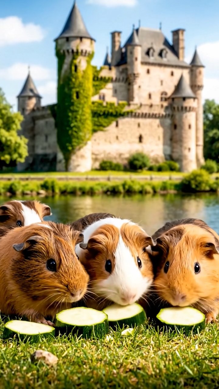 1983. Detailed image of 5 smooth-haired Peruvian guinea pigs with brown, cream, and fawn fur, munching on zucchini slices, by a castle water edge.