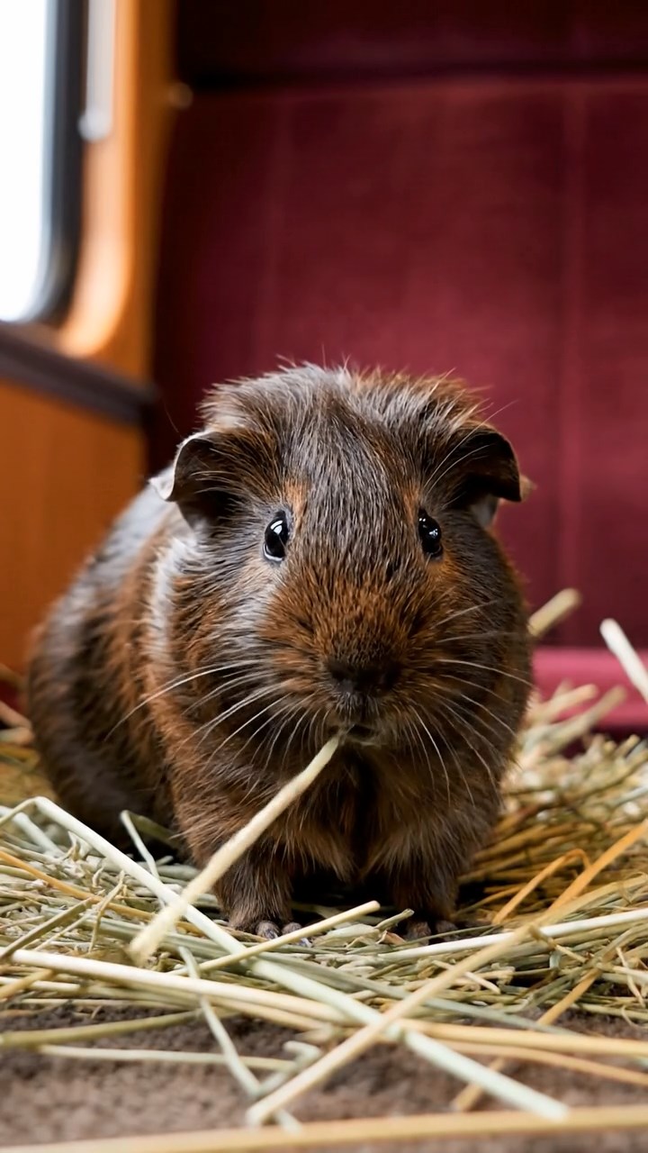 1984. Photorealistic scene of 1 smooth-haired Silkie guinea pig with chocolate fur, eating alfalfa hay, in a train end car.