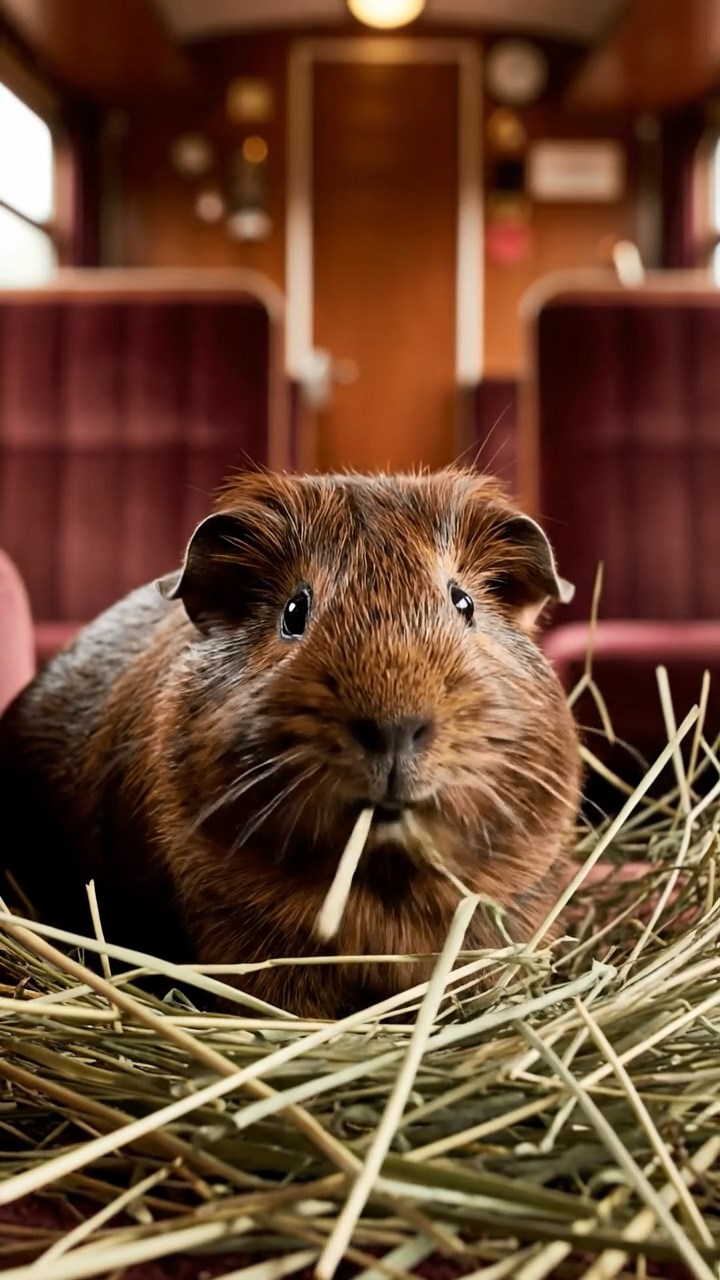 1984. Photorealistic scene of 1 smooth-haired Silkie guinea pig with chocolate fur, eating alfalfa hay, in a train end car.