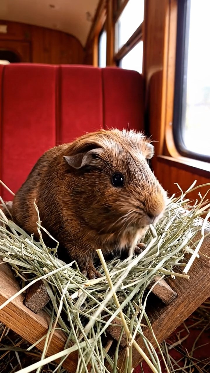 1984. Photorealistic scene of 1 smooth-haired Silkie guinea pig with chocolate fur, eating alfalfa hay, in a train end car.