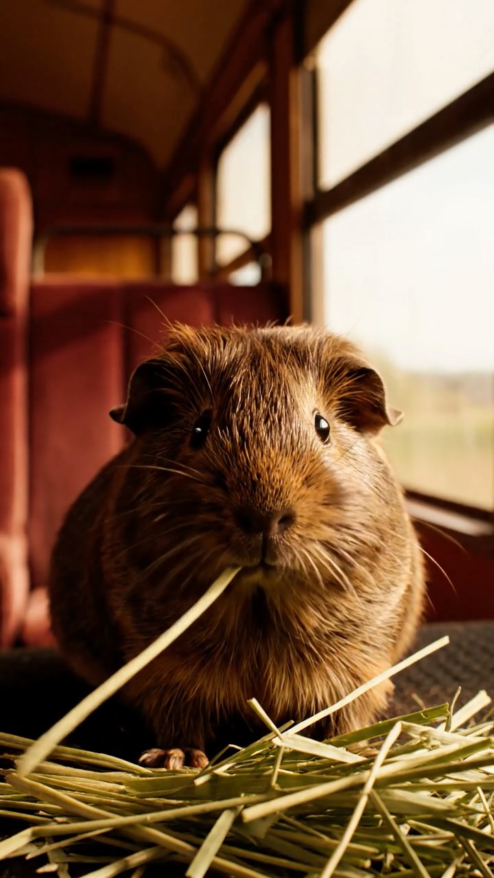 1984. Photorealistic scene of 1 smooth-haired Silkie guinea pig with chocolate fur, eating alfalfa hay, in a train end car.