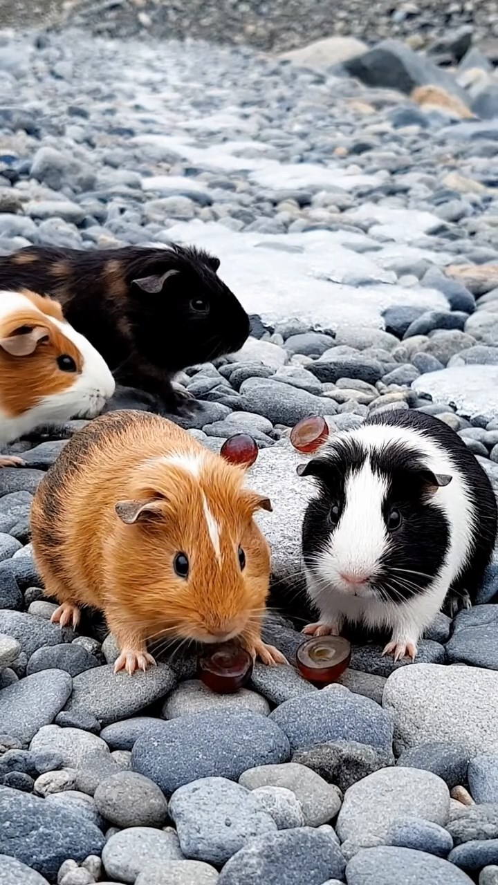 1985. Realistic photo of 4 smooth-haired Teddy guinea pigs in cinnamon, sable, and white colors, nibbling on grape halves, on a glacier rocky path.