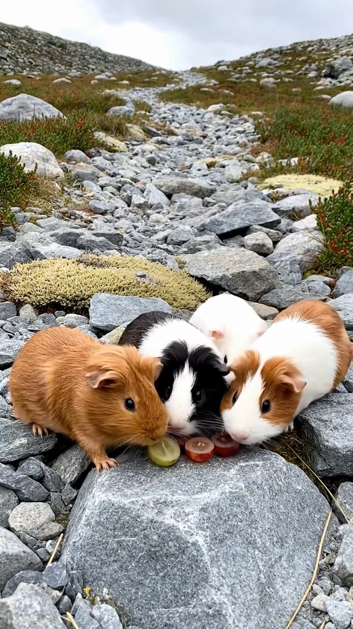 1985. Realistic photo of 4 smooth-haired Teddy guinea pigs in cinnamon, sable, and white colors, nibbling on grape halves, on a glacier rocky path.