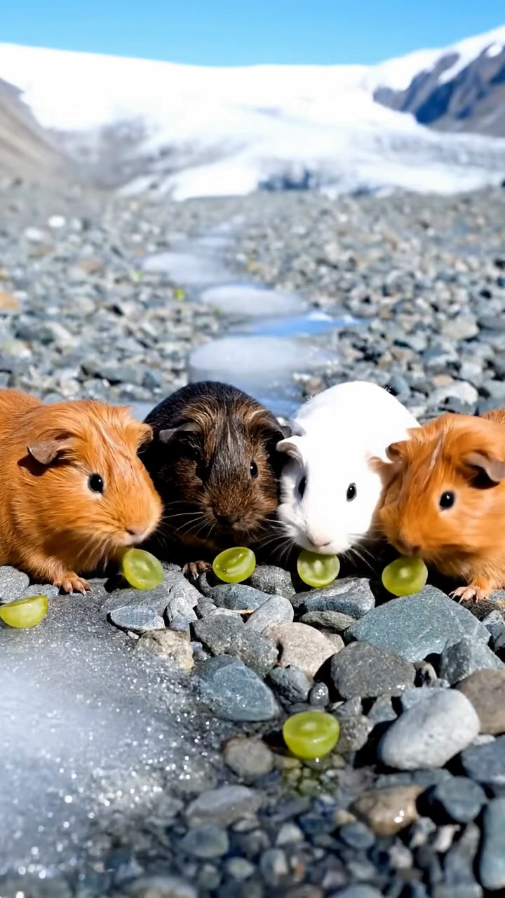 1985. Realistic photo of 4 smooth-haired Teddy guinea pigs in cinnamon, sable, and white colors, nibbling on grape halves, on a glacier rocky path.