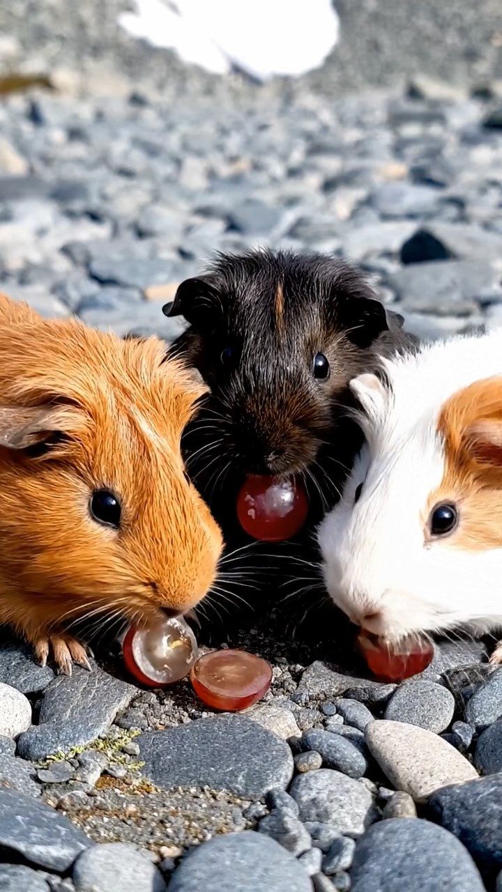 1985. Realistic photo of 4 smooth-haired Teddy guinea pigs in cinnamon, sable, and white colors, nibbling on grape halves, on a glacier rocky path.