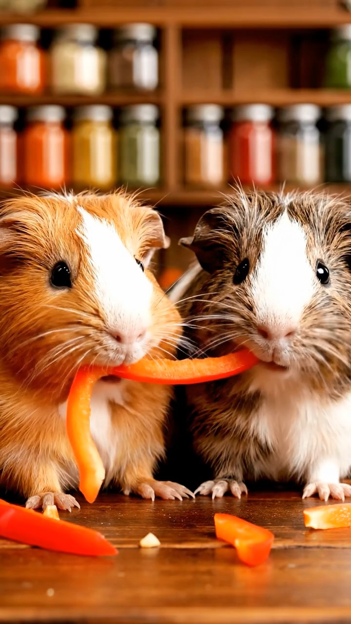 1986. Highly detailed view of 2 smooth-haired Texel guinea pigs with orange and gray fur, chewing on bell pepper strips, amid a market spice shop.
