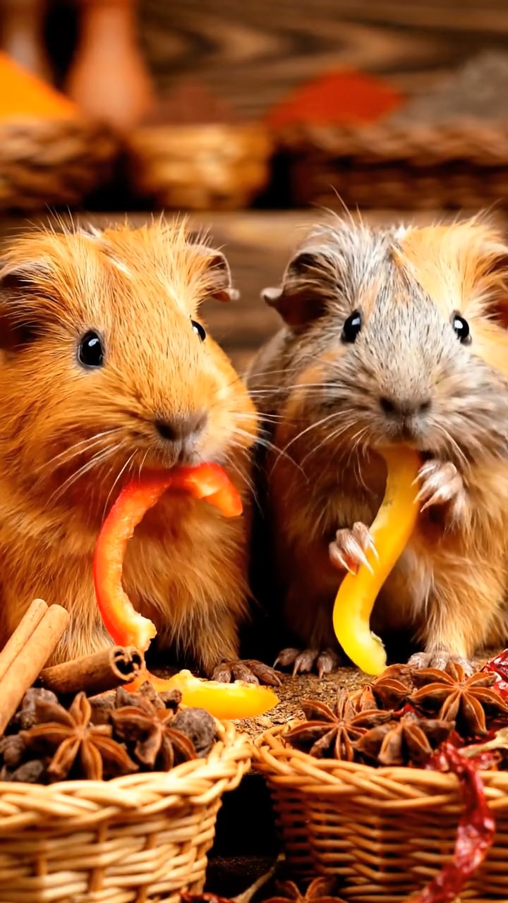 1986. Highly detailed view of 2 smooth-haired Texel guinea pigs with orange and gray fur, chewing on bell pepper strips, amid a market spice shop.