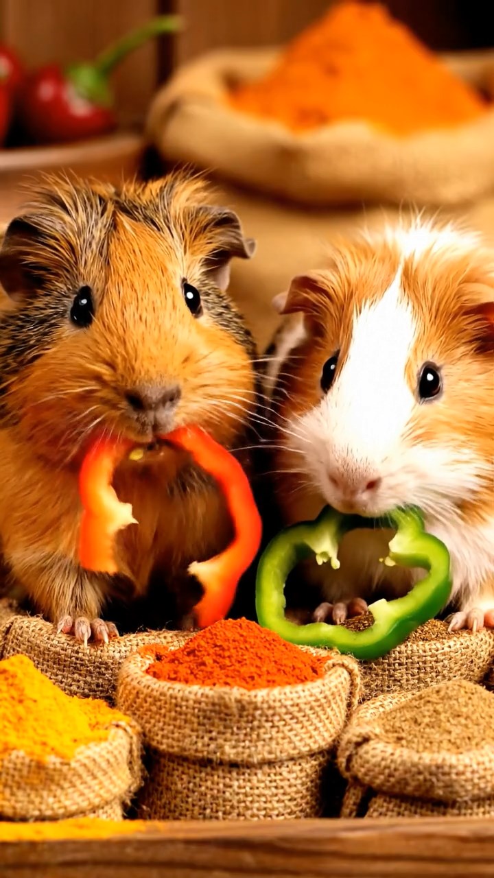 1986. Highly detailed view of 2 smooth-haired Texel guinea pigs with orange and gray fur, chewing on bell pepper strips, amid a market spice shop.