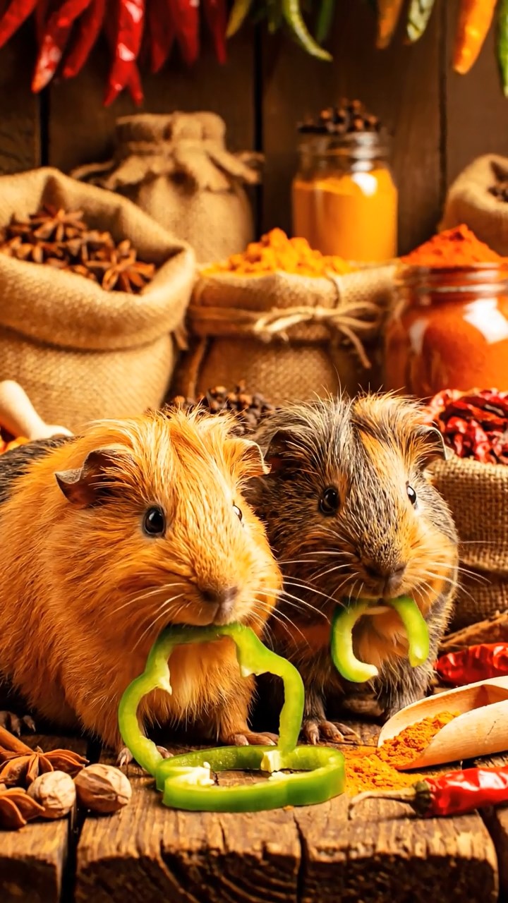 1986. Highly detailed view of 2 smooth-haired Texel guinea pigs with orange and gray fur, chewing on bell pepper strips, amid a market spice shop.