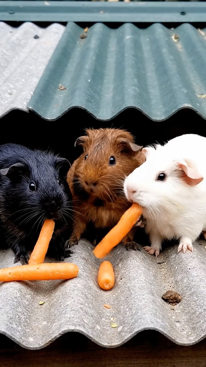 1987. Photorealistic image of 3 smooth-haired Rex guinea pigs featuring black, brown, and cream coats, sharing carrot sticks, on a roof panel farm.