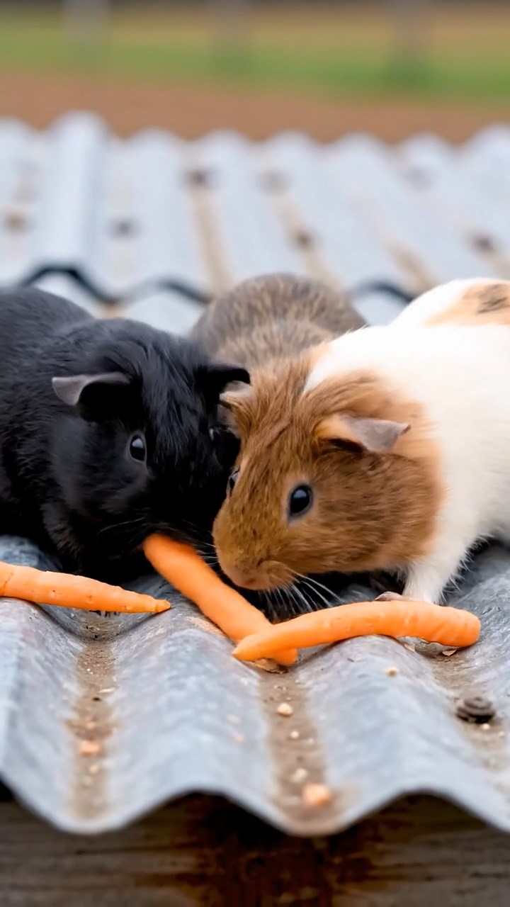 1987. Photorealistic image of 3 smooth-haired Rex guinea pigs featuring black, brown, and cream coats, sharing carrot sticks, on a roof panel farm.