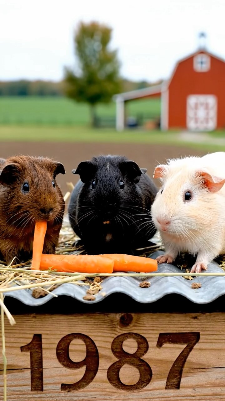 1987. Photorealistic image of 3 smooth-haired Rex guinea pigs featuring black, brown, and cream coats, sharing carrot sticks, on a roof panel farm.
