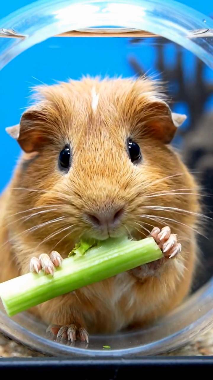 1988. Realistic depiction of 1 smooth-haired Coronet guinea pig with fawn fur, munching on celery ribs, in a shark view tunnel.