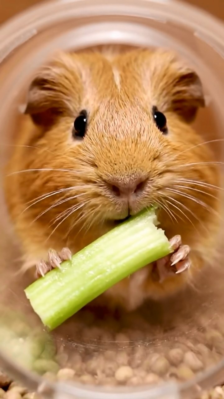 1988. Realistic depiction of 1 smooth-haired Coronet guinea pig with fawn fur, munching on celery ribs, in a shark view tunnel.