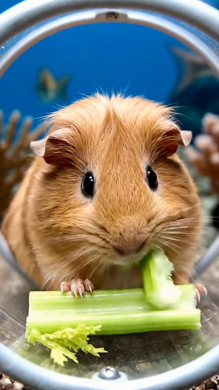 1988. Realistic depiction of 1 smooth-haired Coronet guinea pig with fawn fur, munching on celery ribs, in a shark view tunnel.