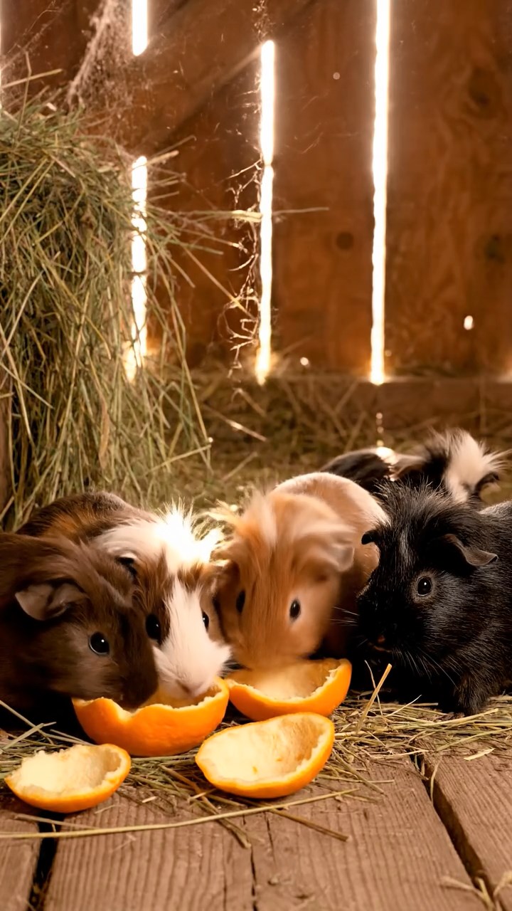 1989. Detailed scene of 5 smooth-haired White Crested guinea pigs with chocolate, cinnamon, and sable fur, eating orange peels, in a barn upper loft.