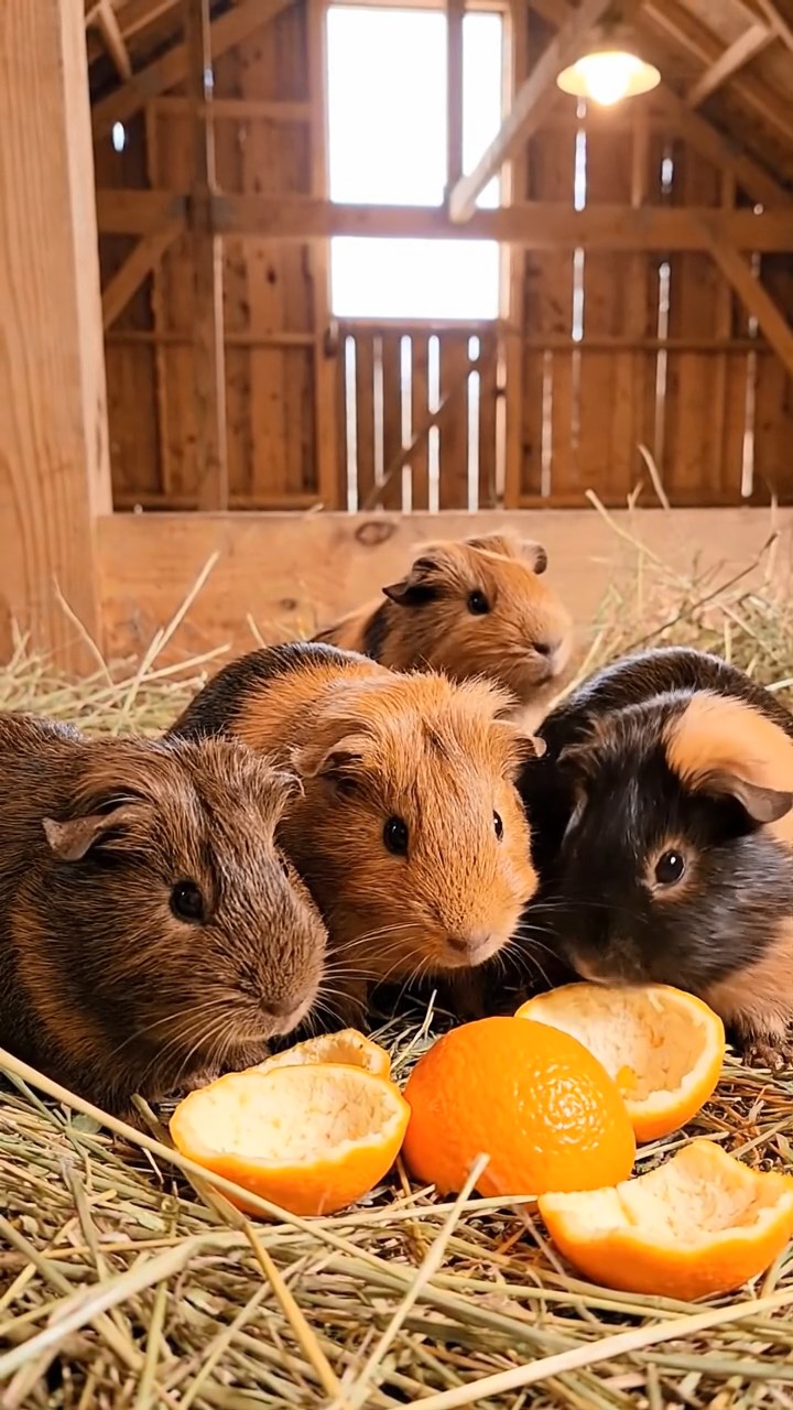 1989. Detailed scene of 5 smooth-haired White Crested guinea pigs with chocolate, cinnamon, and sable fur, eating orange peels, in a barn upper loft.
