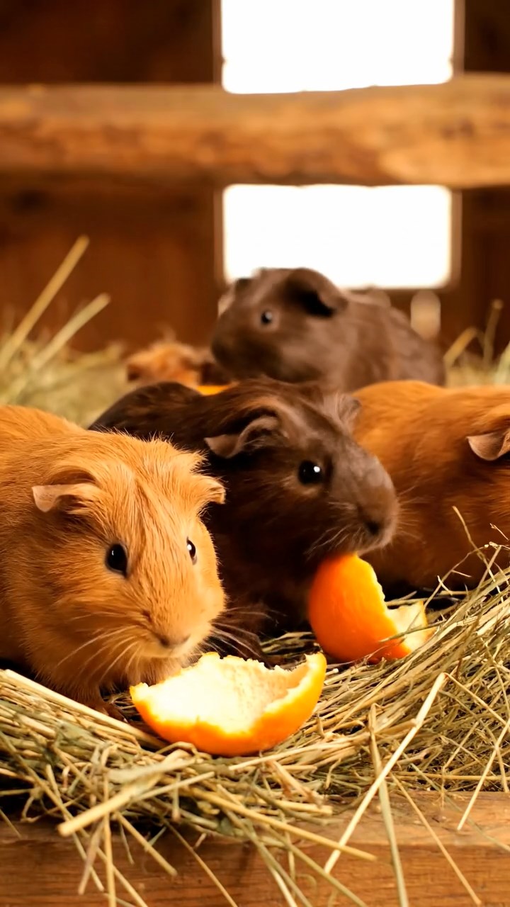 1989. Detailed scene of 5 smooth-haired White Crested guinea pigs with chocolate, cinnamon, and sable fur, eating orange peels, in a barn upper loft.