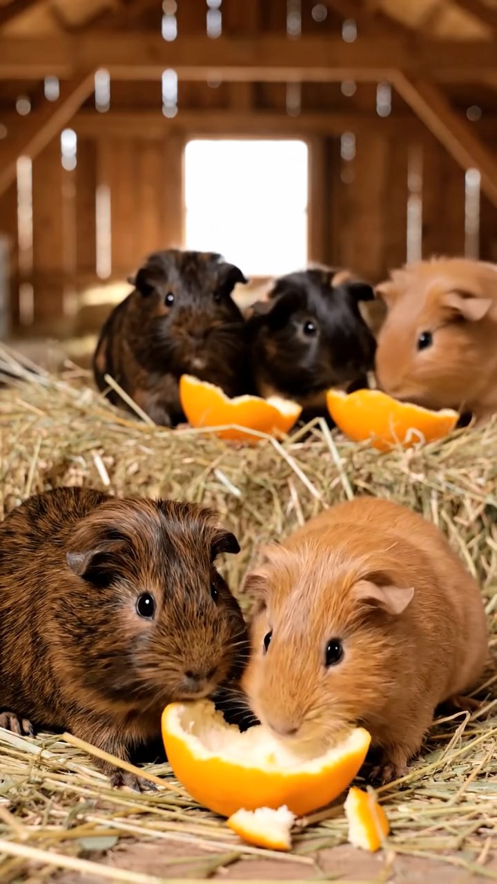 1989. Detailed scene of 5 smooth-haired White Crested guinea pigs with chocolate, cinnamon, and sable fur, eating orange peels, in a barn upper loft.