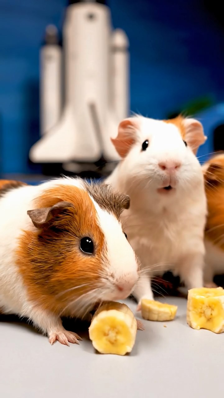 1990. Photorealistic photo of 4 smooth-haired Skinny guinea pigs in white, orange, and gray colors, nibbling on banana chunks, near a space exhibit shuttle.