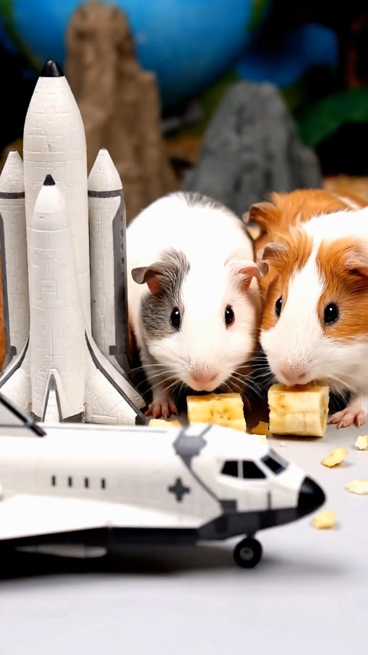 1990. Photorealistic photo of 4 smooth-haired Skinny guinea pigs in white, orange, and gray colors, nibbling on banana chunks, near a space exhibit shuttle.