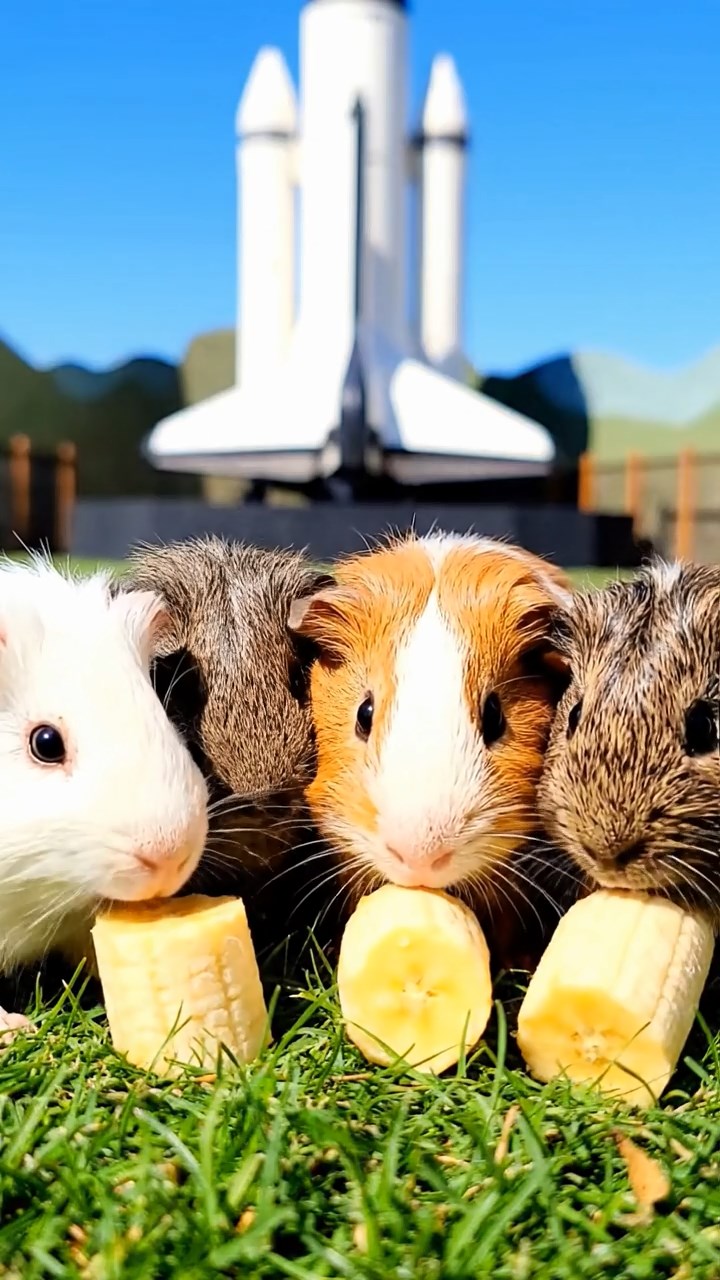 1990. Photorealistic photo of 4 smooth-haired Skinny guinea pigs in white, orange, and gray colors, nibbling on banana chunks, near a space exhibit shuttle.
