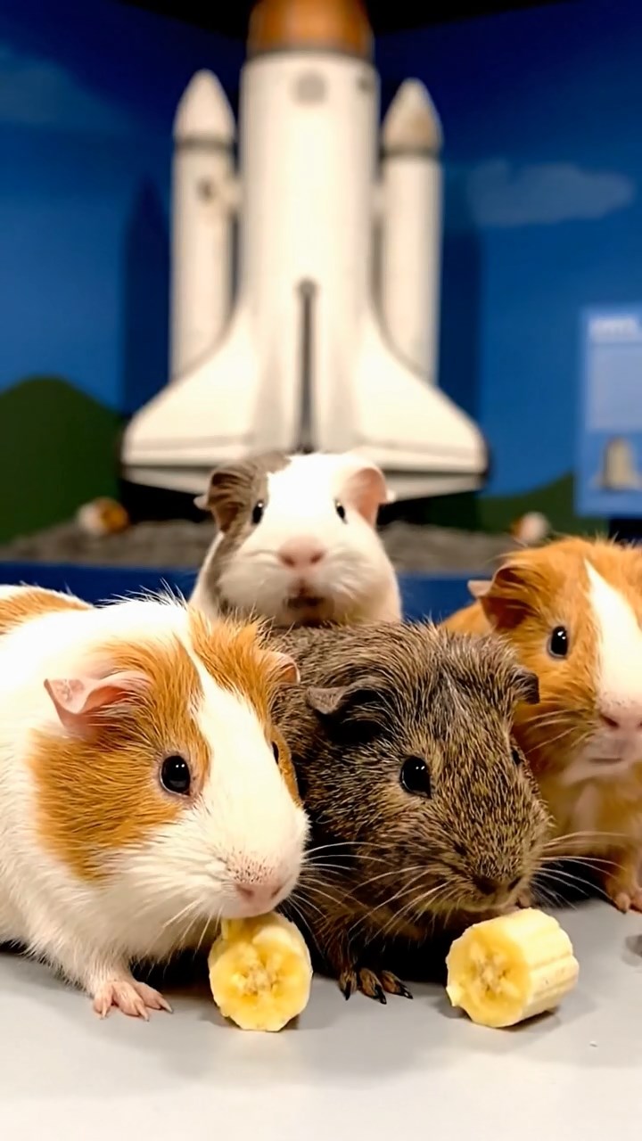 1990. Photorealistic photo of 4 smooth-haired Skinny guinea pigs in white, orange, and gray colors, nibbling on banana chunks, near a space exhibit shuttle.