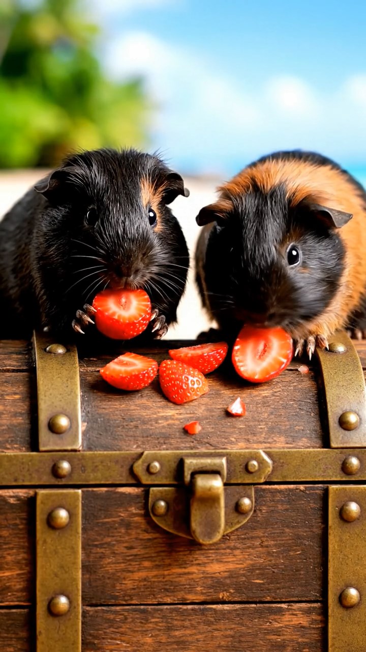1991. Realistic image of 2 smooth-haired American guinea pigs with black and brown fur, chewing on strawberry slices, atop a treasure island chest.