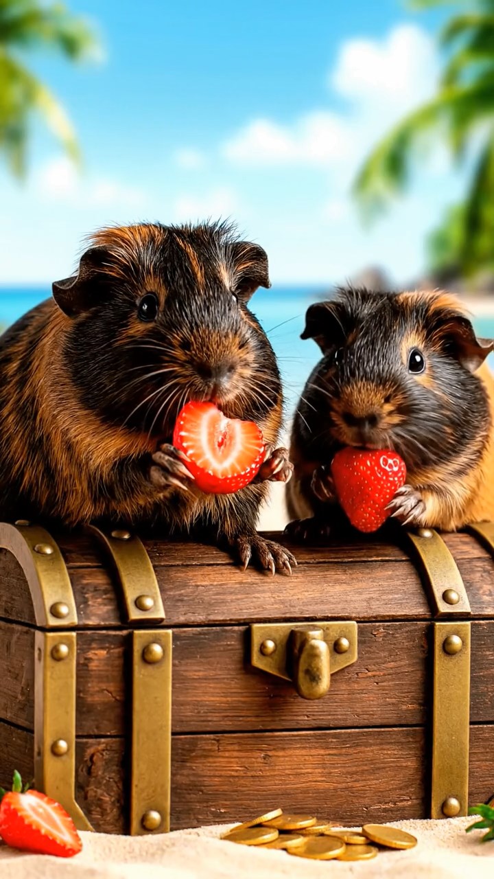 1991. Realistic image of 2 smooth-haired American guinea pigs with black and brown fur, chewing on strawberry slices, atop a treasure island chest.