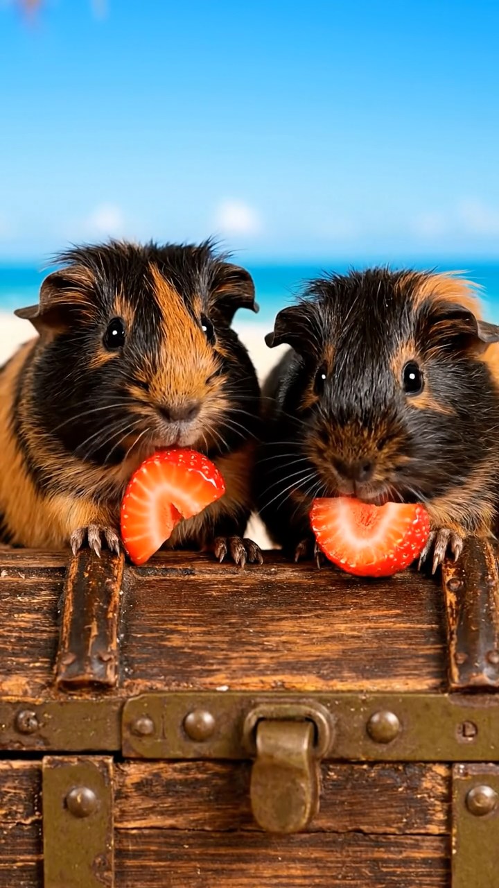 1991. Realistic image of 2 smooth-haired American guinea pigs with black and brown fur, chewing on strawberry slices, atop a treasure island chest.