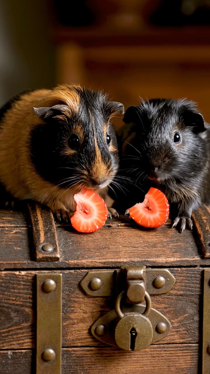 1991. Realistic image of 2 smooth-haired American guinea pigs with black and brown fur, chewing on strawberry slices, atop a treasure island chest.