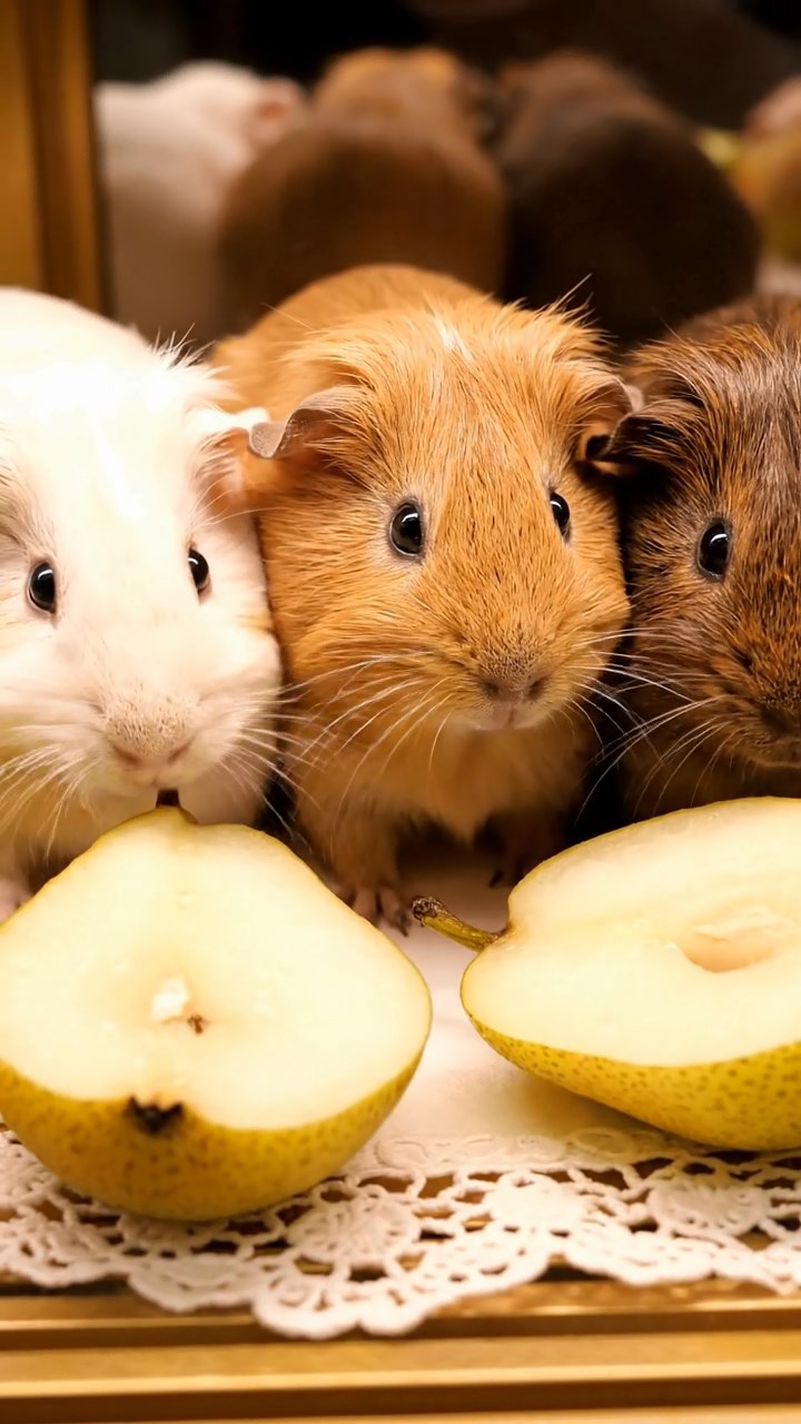 1992. Highly detailed view of 3 smooth-haired Abyssinian guinea pigs featuring cream, fawn, and chocolate coats, sharing pear halves, inside a patisserie case.