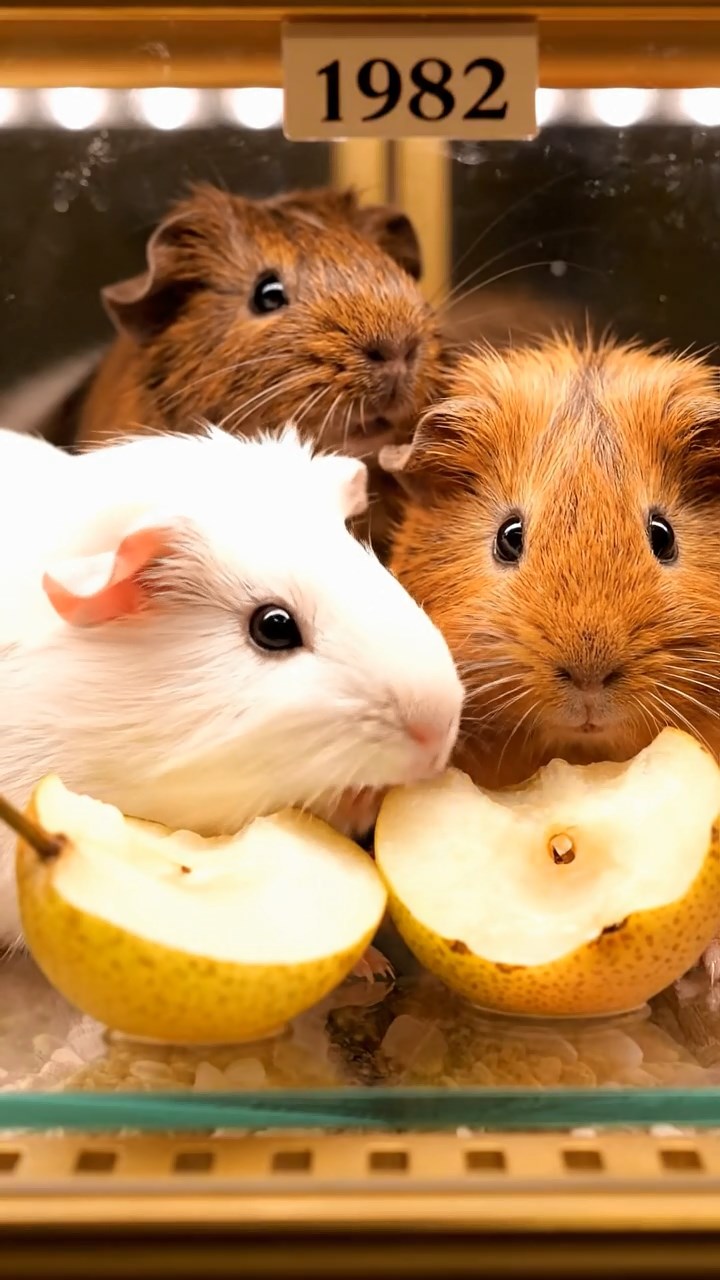 1992. Highly detailed view of 3 smooth-haired Abyssinian guinea pigs featuring cream, fawn, and chocolate coats, sharing pear halves, inside a patisserie case.