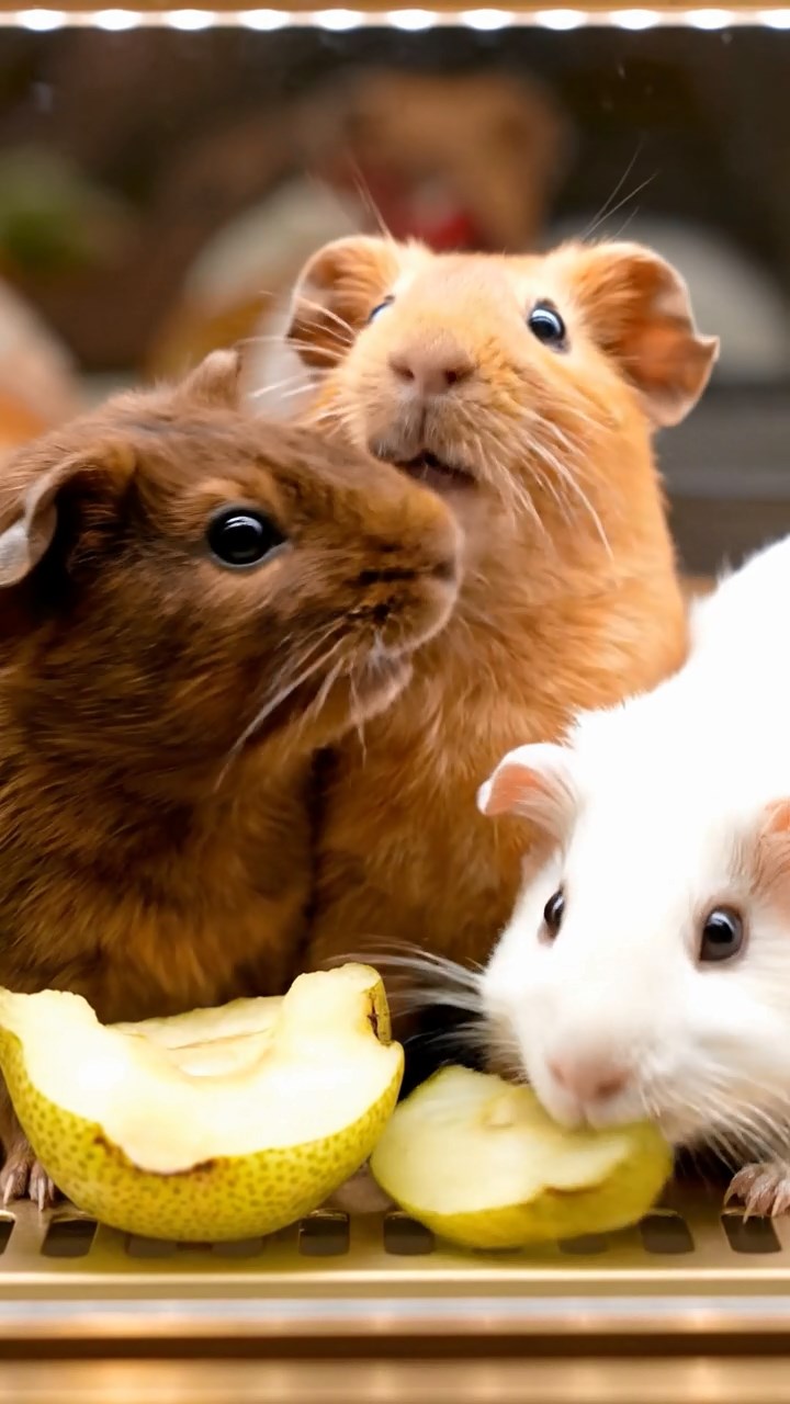 1992. Highly detailed view of 3 smooth-haired Abyssinian guinea pigs featuring cream, fawn, and chocolate coats, sharing pear halves, inside a patisserie case.