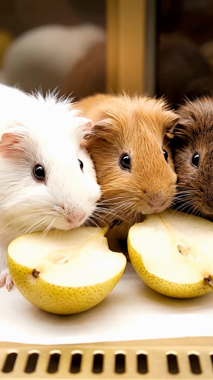 1992. Highly detailed view of 3 smooth-haired Abyssinian guinea pigs featuring cream, fawn, and chocolate coats, sharing pear halves, inside a patisserie case.