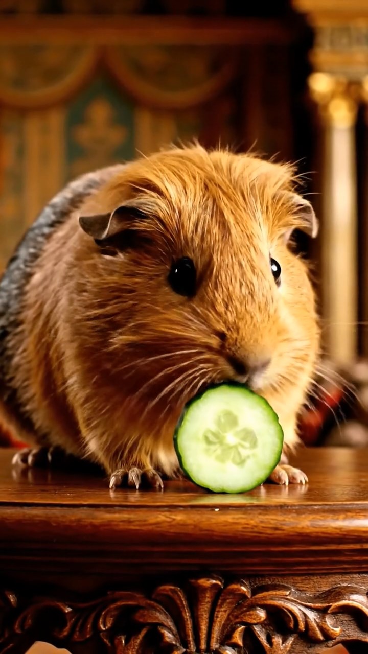 1993. Photorealistic scene of 1 smooth-haired Peruvian guinea pig with cinnamon fur, munching on cucumber rounds, on a audience chamber dais.