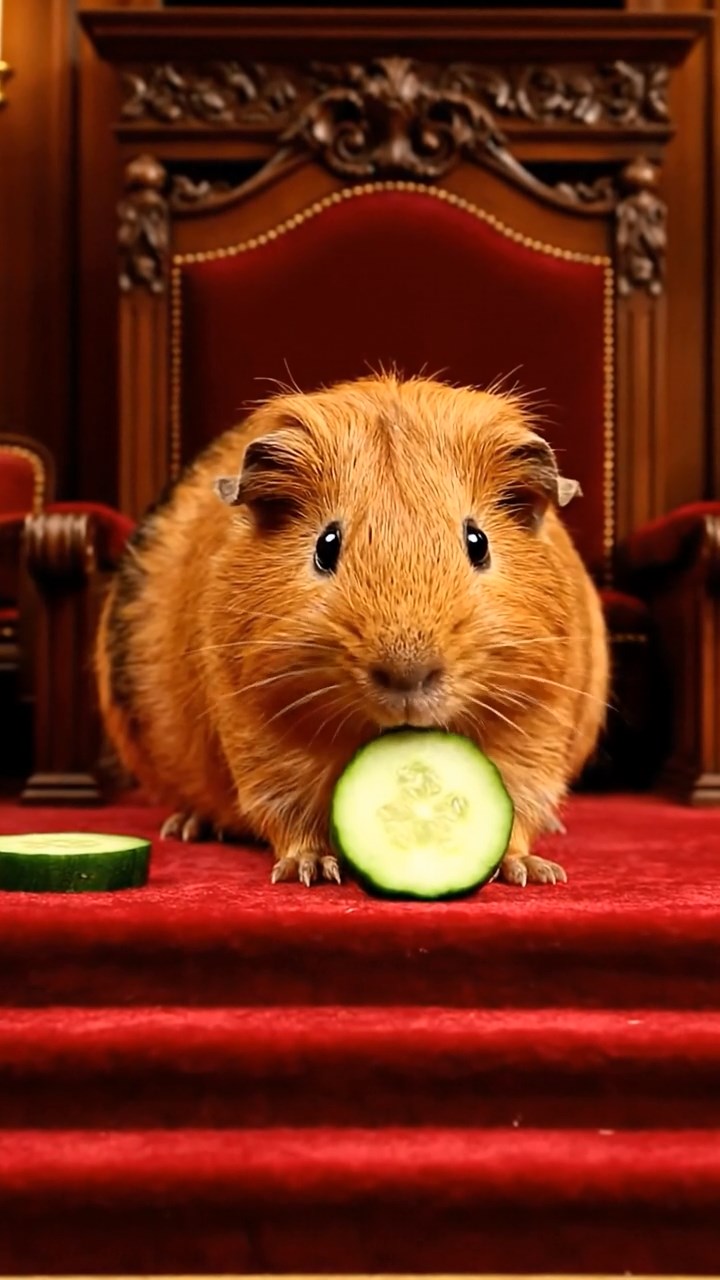 1993. Photorealistic scene of 1 smooth-haired Peruvian guinea pig with cinnamon fur, munching on cucumber rounds, on a audience chamber dais.