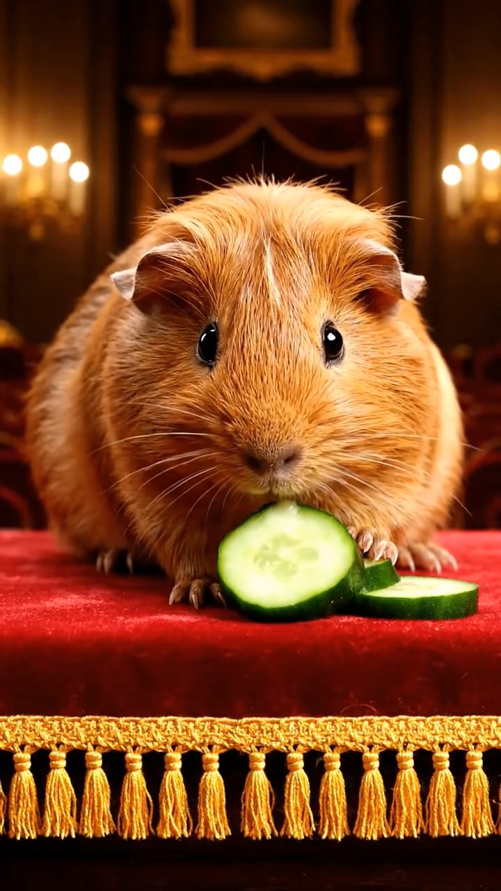 1993. Photorealistic scene of 1 smooth-haired Peruvian guinea pig with cinnamon fur, munching on cucumber rounds, on a audience chamber dais.