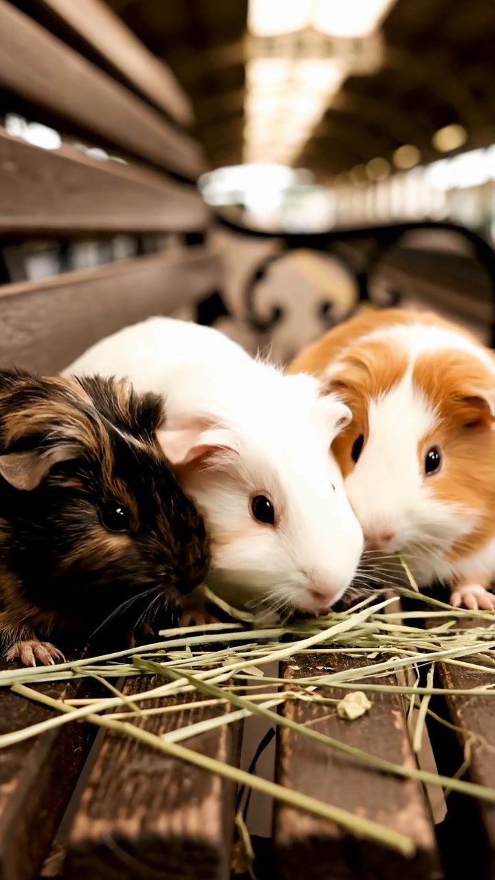 1994. Realistic depiction of 4 smooth-haired Silkie guinea pigs with sable, white, and orange fur, eating timothy hay, on a station waiting bench.