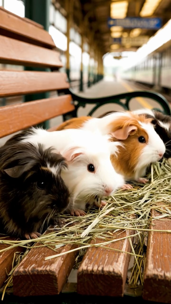 1994. Realistic depiction of 4 smooth-haired Silkie guinea pigs with sable, white, and orange fur, eating timothy hay, on a station waiting bench.